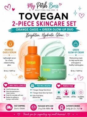 Tovegan 2-Piece Skincare Set Orange Oasis Serum + Green Glow-Up Cream 50mL NEW